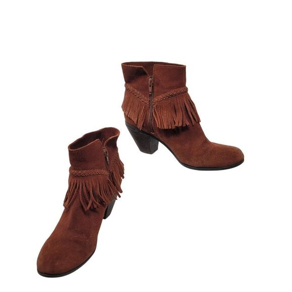 Gianni Bini Rust Brown Suede Fringe Western Ankle Booties 9 Leather Heeled Boot - Picture 8 of 13